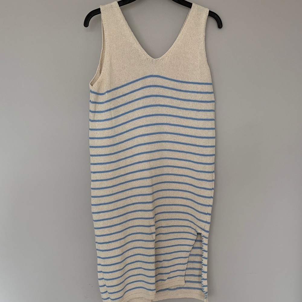 Striped V-Neck Swim Coverup - Cream & Light Blue